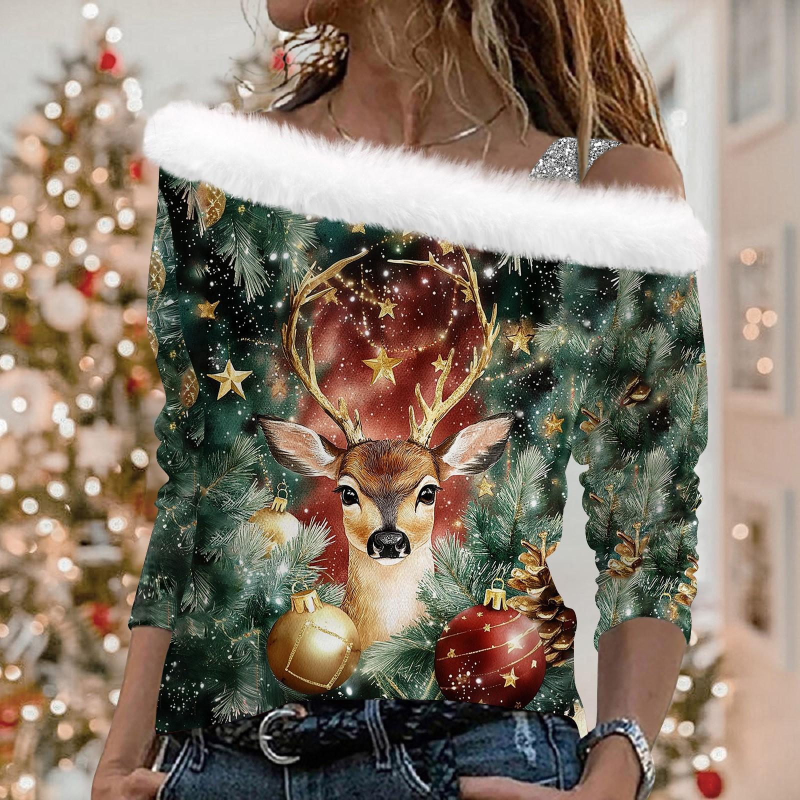 

Женские топы с длинными рукавами. Модные женские свободные пуловеры с открытыми плечами с рождественским принтом. L зелёный