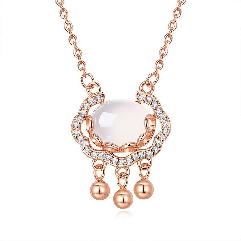 S925 Sterling Silver with Diamonds, Chalcedony White Safety Lock Necklace, Simple Classic Elements, National Style Design Collarbone Chain