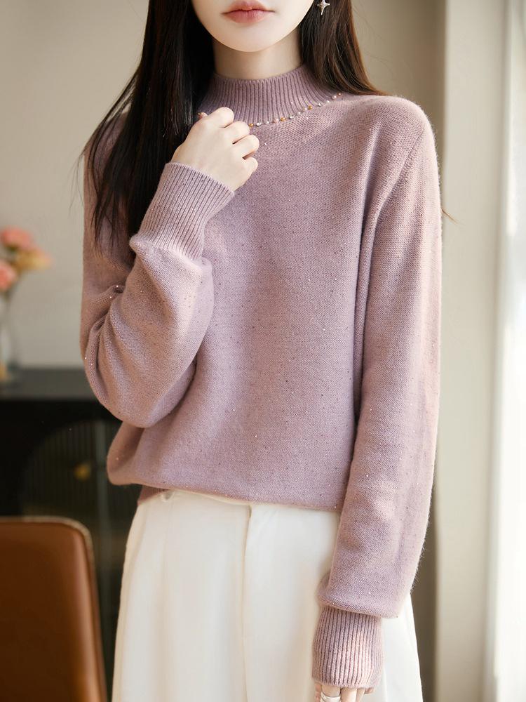 Women's Sequined Turtleneck Sweater - Autumn/Winter Fashion, Age-Defying, Loose Fit, Versatile Knitwear