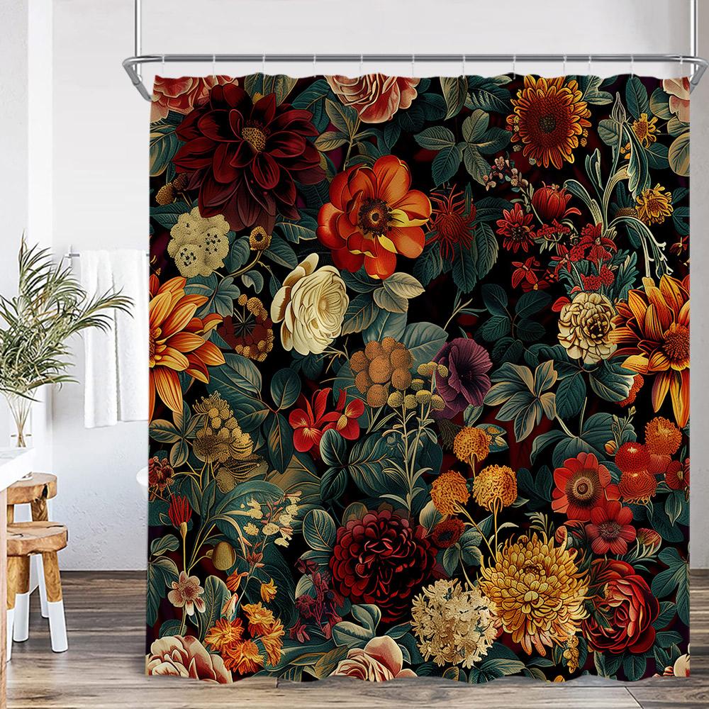 Vintage Floral Shower Curtain Colorful Flower Blossom Plant Green Leaf Dark Bathroom Decoration Polyester Bath Curtain with Hook