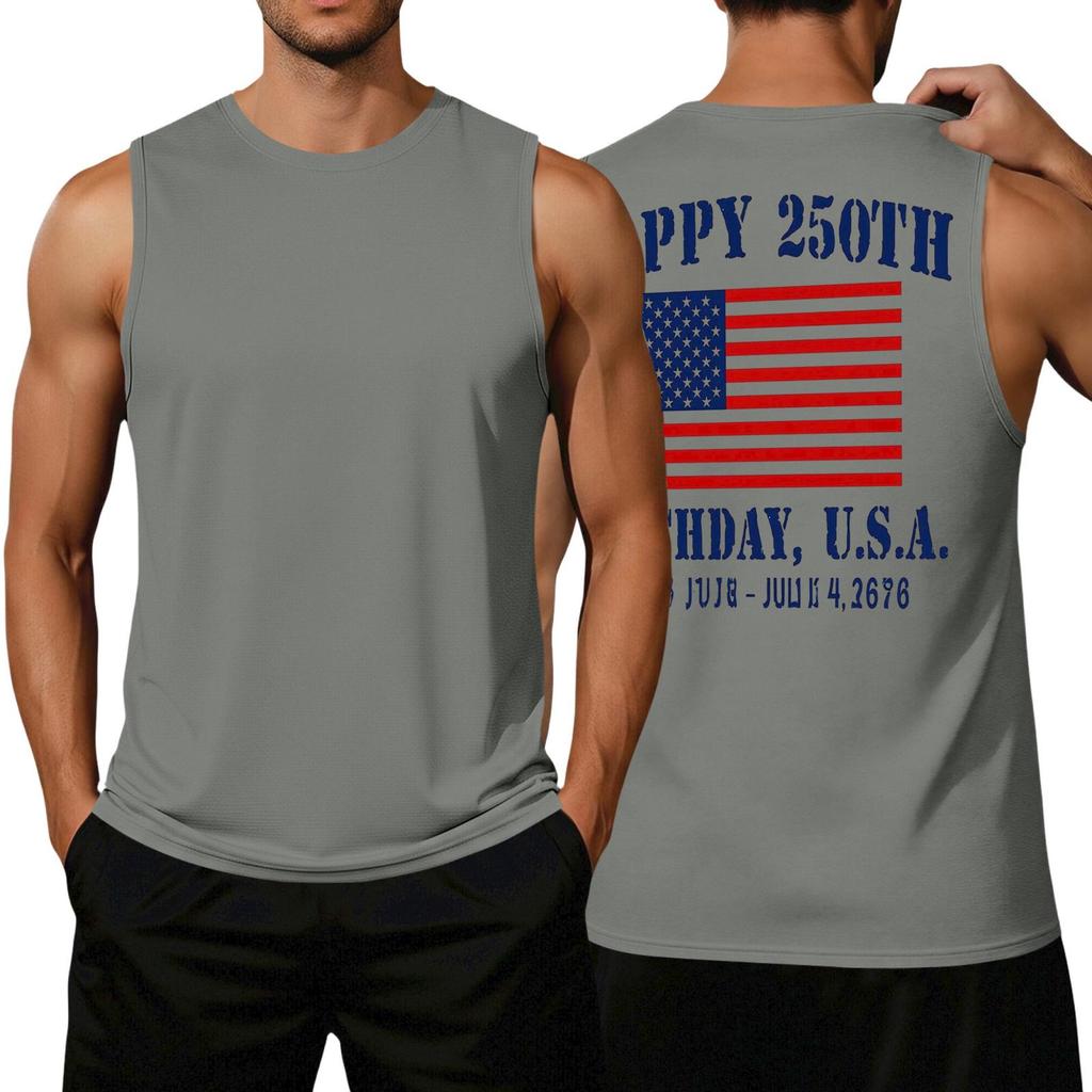 Men's Loose Fit Sleeveless Casual Tank Top with Flag Print Comfortable Athletic Muscle Shirt for Summer Outdoor Activities