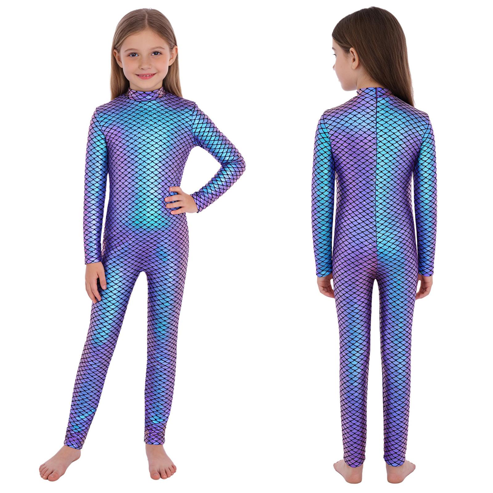 

Металлический комбинезон с чешуей для девочек: Боди с высоким воротником, длинным рукавом и скрытой молнией сзади для гимнастики, танцев, сценических выступлений 5-6 Years фиолетовый