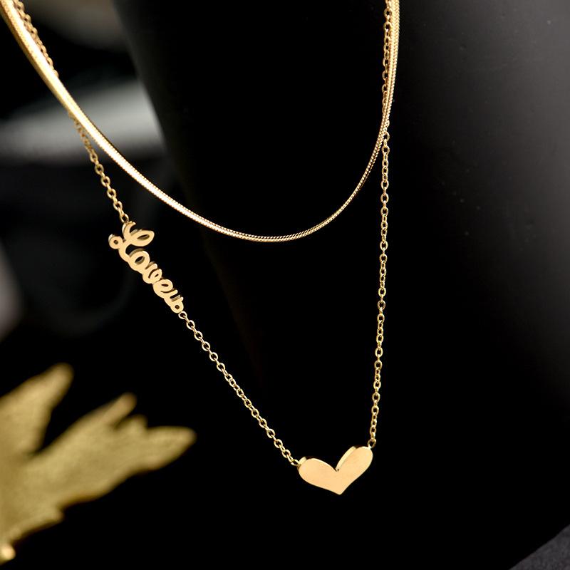 Stainless Steel Double Layer Love Necklace Women's Fashion Sense Collarbone Chain Necklace  Wholesale