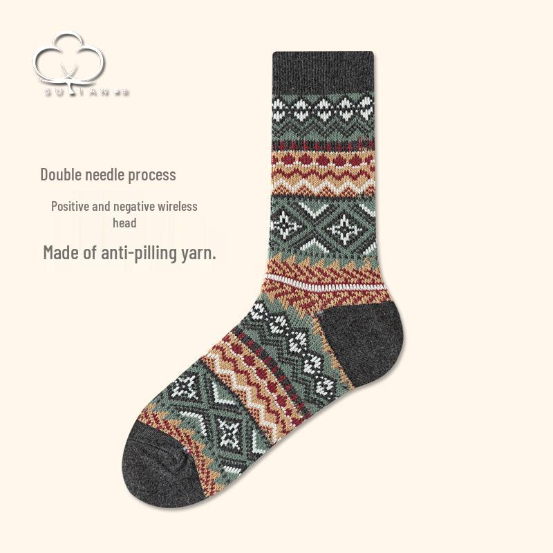 Men's Retro Diamond Stripe Ethnic Long Socks - Trendy Double Needle Design.