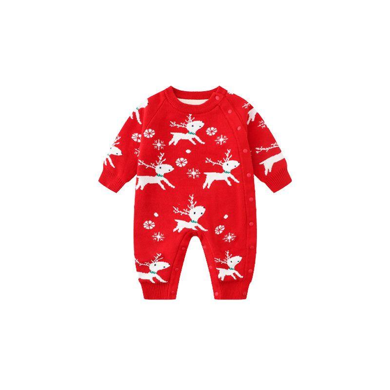 French Arielle De Pinto Baby Romper Winter New Year Red Fleece-Lined Knitted One-Piece Romper Fawn Red(Hh017 Red Double Layer) 90