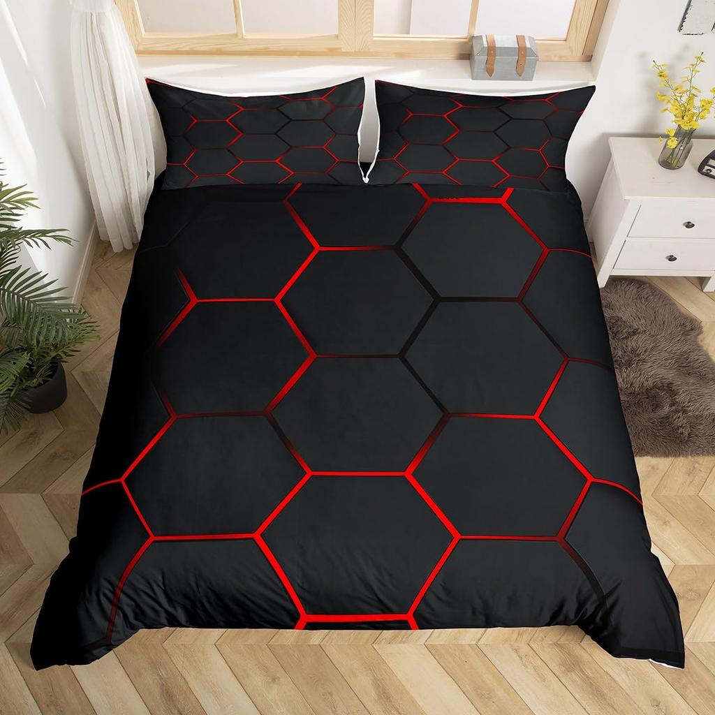 Honeycomb Duvet Cover Set Twin Queen Size, Geometric Hexagon Bedding Set For Boys Men Room Decor, Modern Style Comforter Cover
