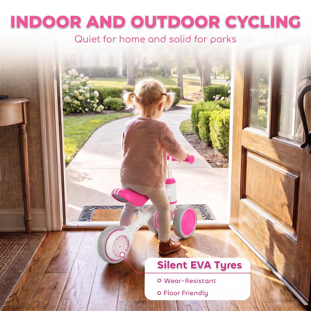 Balance Bike for Kids 1-2 Years, Toddler Bike with Adjustable Seat and Lighting Rear Wheels for Boys and Girls, Pink