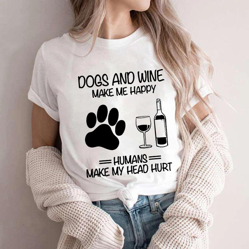 Unisex Dog Mom Print T Shirt Dog Mom Shirt Wine Lover Tshirt Dogs and Wine Shirt Graphic Girls Clothes Causal Female Y2K Tops Tee