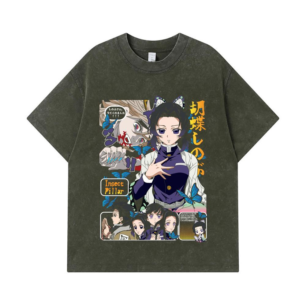 

275 GSM Washed T-shirts 100% Cotton Demon Slayer V16 Shinobu Print Unisex Heavy Cotton T Shirt S армия зеленый