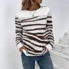 2025 Autumn/Winter Women's Zebra Print Color Block Sweater with Round Neck & Shoulder Buttons