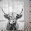 Tenda da Doccia Mucca delle Highlands, Ritratto di Toro Rustico Animale da Fattoria Tessuto Grigio Bianco Arredo Bagno Con 12 Ganci, 1 Pezzo