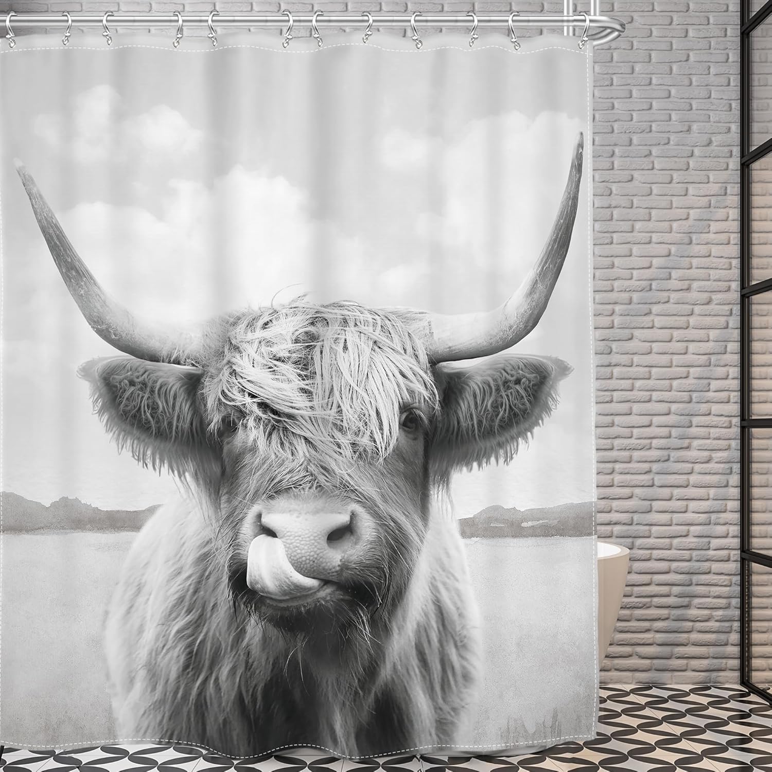 Schotse Hooglander Douchegordijn, Rustiek Stierenportret Boerderijdier Grijs Wit Stof Badkamer Decor Met 12 Haken, 1 Stuk W90H165(CM)-1 Pcs gray