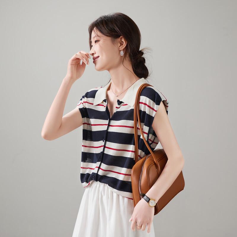 Женская полосатая вязаная футболка с воротником-поло SOFSIL M