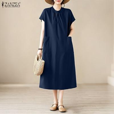 Vestido Casual Feminino de Gola Redonda, Cor Sólida, Solto, Manga Curta
