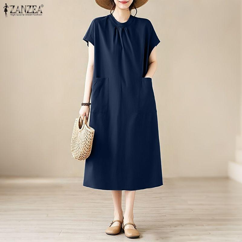 ZANZEA Women Casual Round Neck Solid Color Loose Short Sleeve Dress