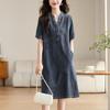 Women's V Neck Short Sleeve Midi Dress Loose Fit Casual Denim Dress Vintage A-Line Dress With Pockets