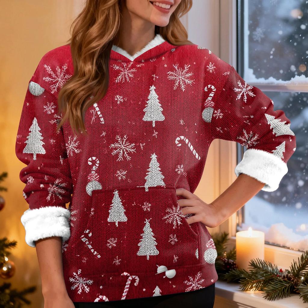Women's Fashion Casual Long Sleeve Christmas Printed Hooded Sweatshirt