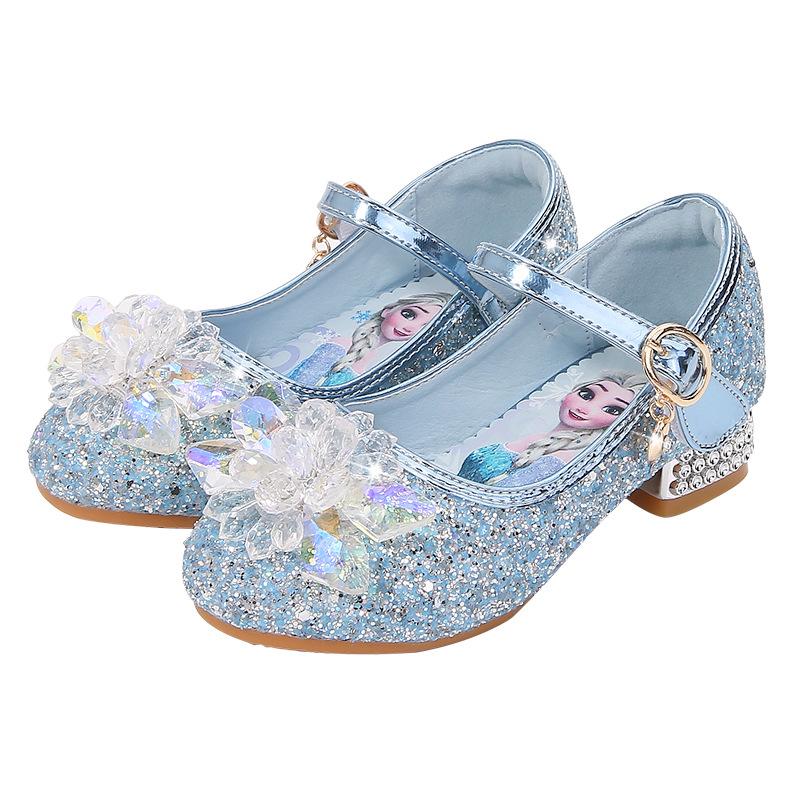 Girls' Princess Shoes Spring and Autumn Fashion New High-Heeled Leather Shoes Soft Sole Velcro Sequin Elsa Crystal Shoes for Girls