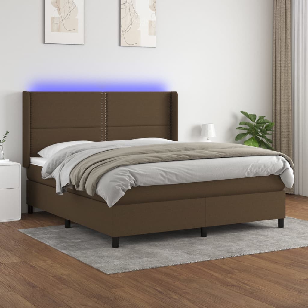 Box Spring Bed with Mattress & LED Dark Brown 180x200 cm Fabric