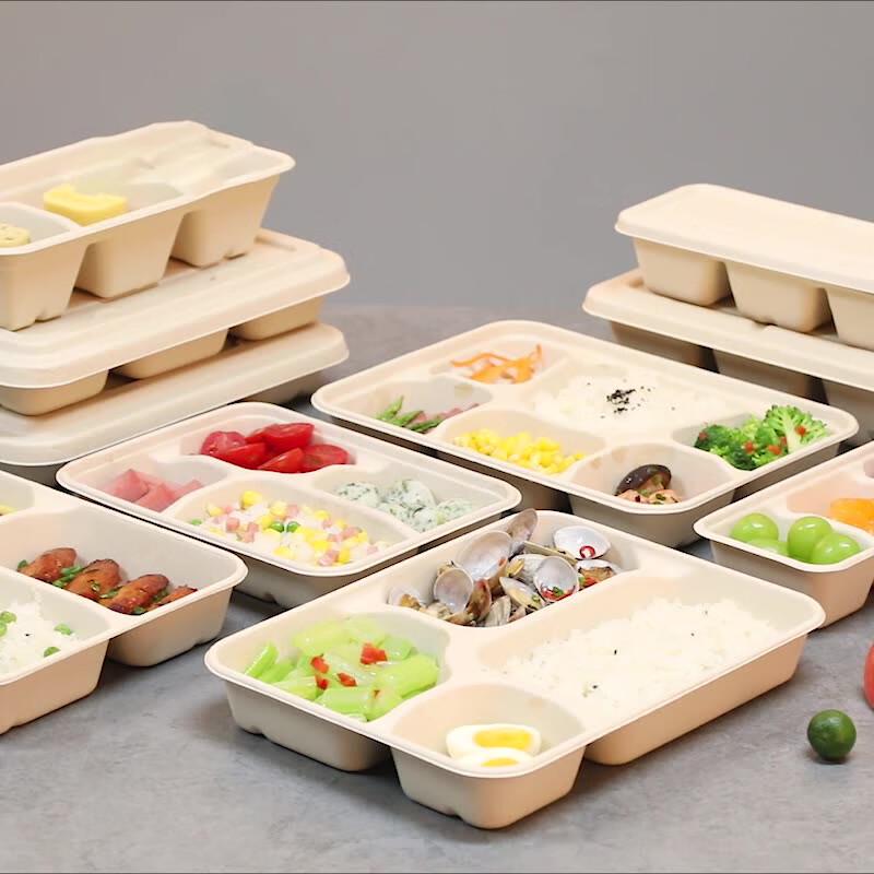 HUIWEN Disposable 4-Compartment Paper Pulp Meal Box with PP Lid