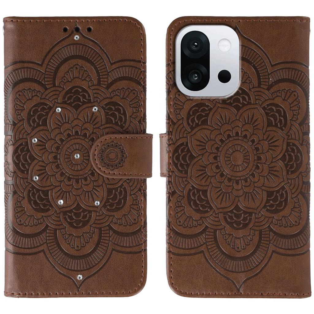 For OnePlus 13T 5G Case Rhinestone Decor PU Leather Mandala Imprinted Design Phone Cover with Wrist Strap
