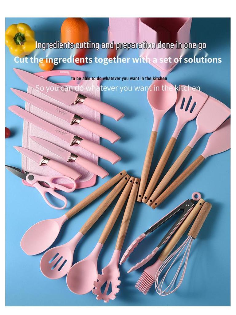 Spot Silicone Kitchen Utensil 19-Piece Non-Stick Set: Includes Spatulas, Spoons, Storage Bucket, and Knife Set.