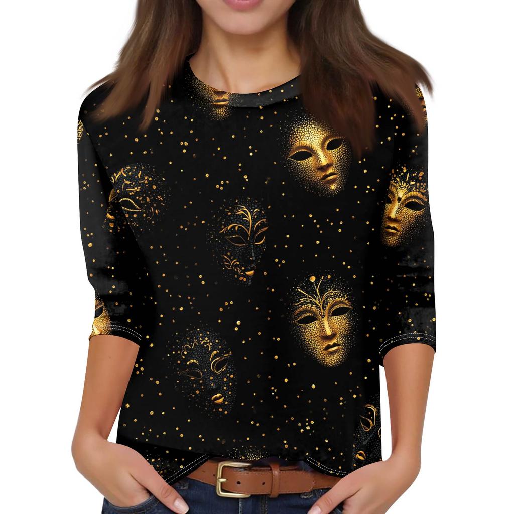 Dámský módní ležérní top s tříčtvrtečním rukávem a karnevalovým potiskem u krku