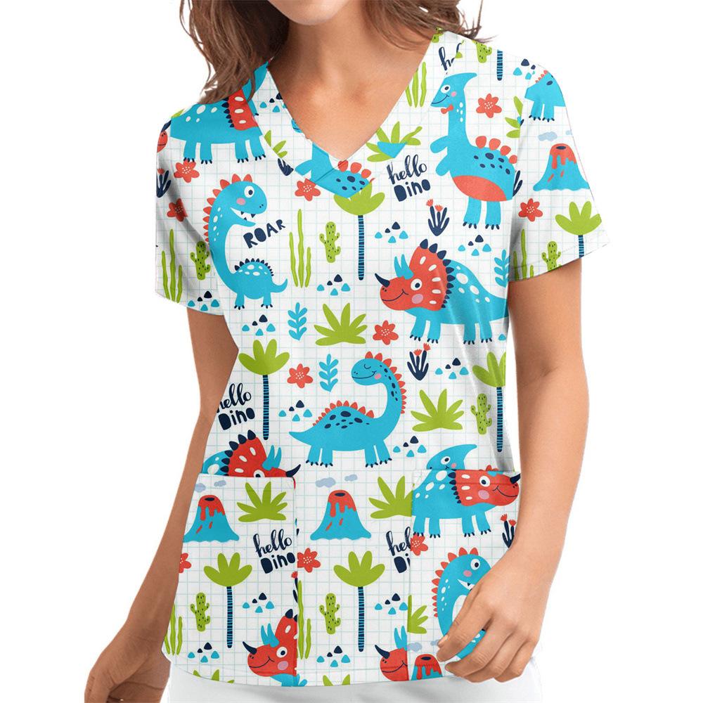 Women's T-shirt V-neck Nurse Uniform Casual and Comfortable Short Sleeved Women's Dreamy Printed T-shirt