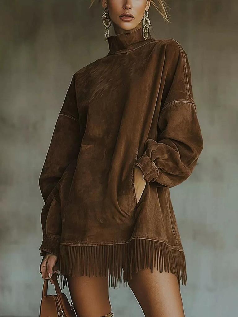 2025 Suede Tassel Dress: High Neck, Loose Fit, with Pockets for Autumn/Winter