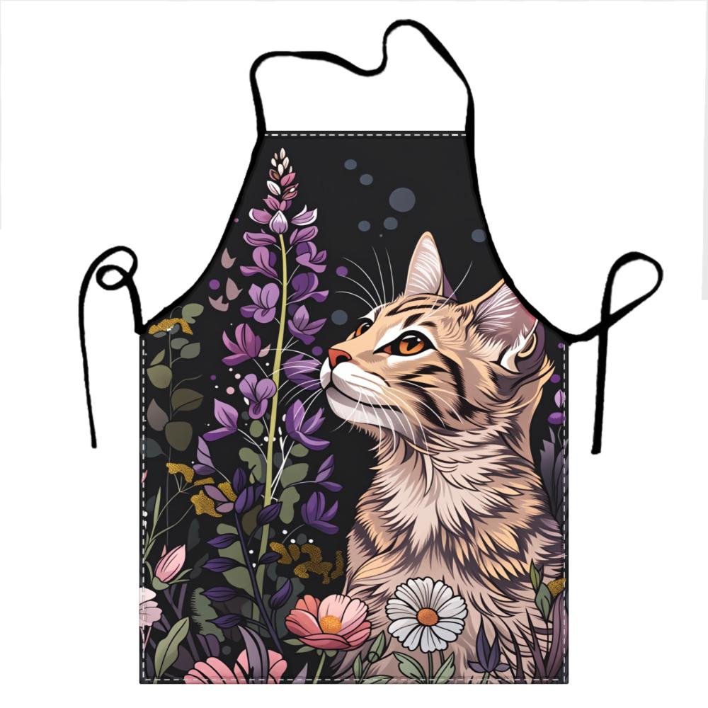 Cat And Flowers Garden Apron For Cooking Baking And Outdoor Activities With Adjustable Straps And Vibrant Design