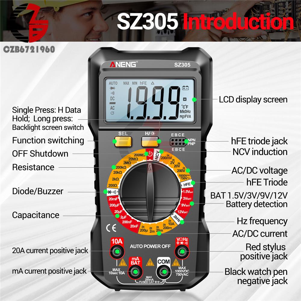 SZ304 SZ305 ANENG Digitalmultimeter Volt Ohm Ampere-Messgerät mit automatischer Bereichswahl für AC/DC-Stromspannungswiderstandsfrequenztester 2000