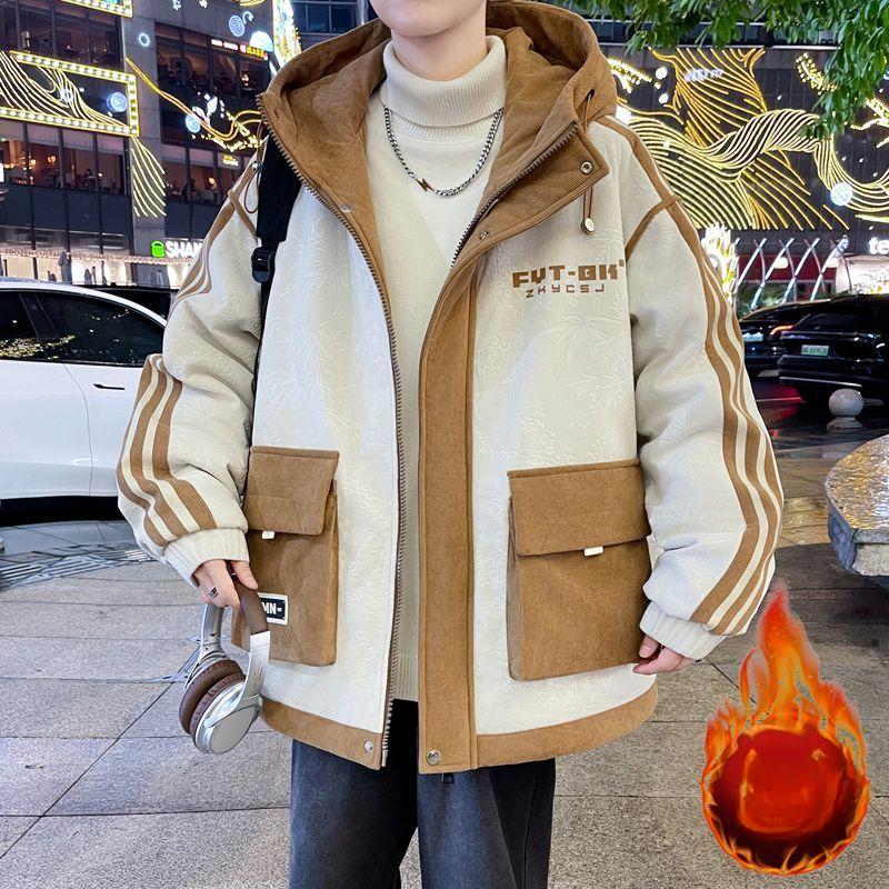 Winter Fleece-lined Thickened Jacket Men's New Fashion Cold-proof Warm Youth Hong Kong Style Tooling Large Pocket Cotton-padded Jacket