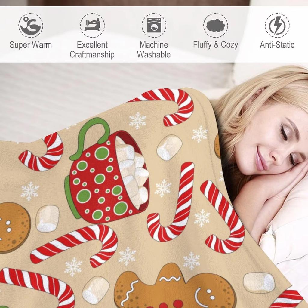 Winter Gingerbread Flat Printed Throw Blanket - Lightweight Flannel Plush, Gift for Couch, Bed, Living Room, Travel, Office