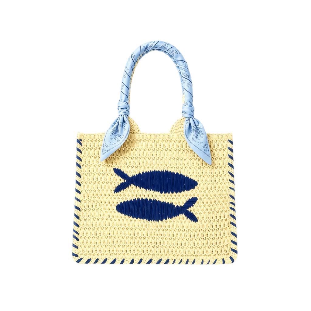 Handwoven Straw Tote Bag with Embroidered Fish Pattern and Wrapped Handles Suitable for Casual Everyday Use and Beach Outings