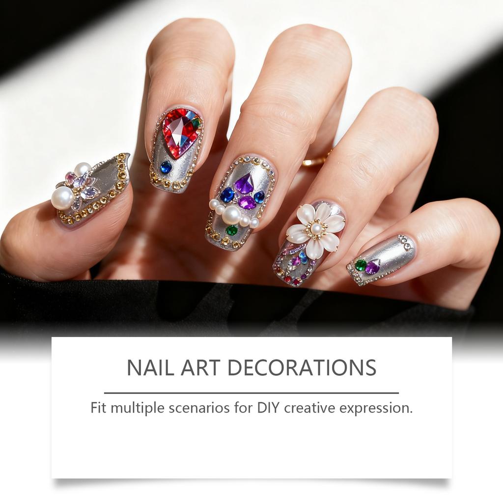 Färgglatt 3D-nageltillbehörsset, Glittrande Diamantpärlklistermärken, Flerformade Nageldekorations-DIY-verktyg.