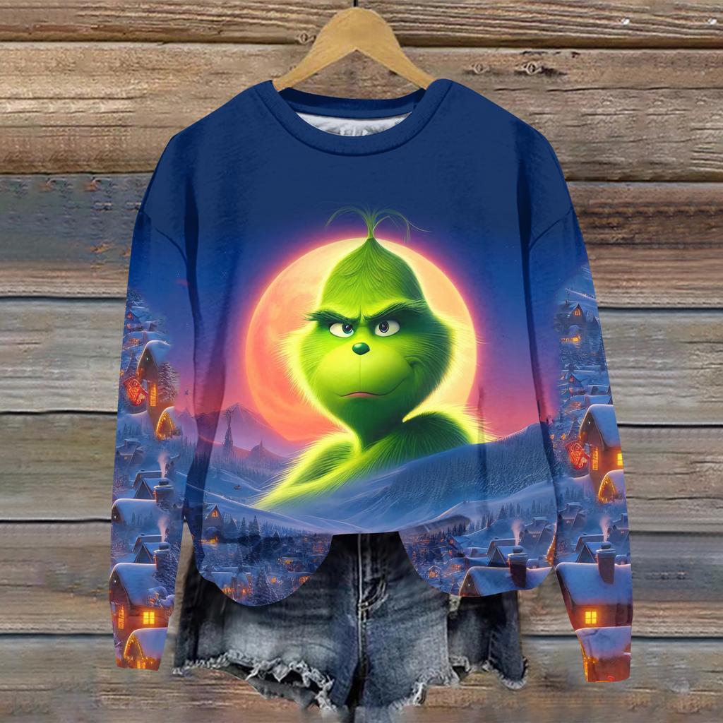 Hanorac sport casual de damă cu mânecă lungă și gât rotund, cu imprimeu Greentown de Crăciun