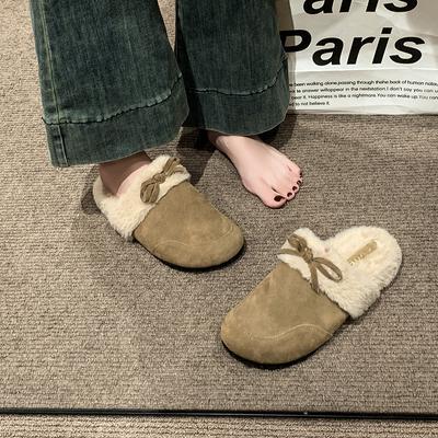 One-pedal Bag Head Fluffy Half Slippers Women's Autumn and Winter Velvet Outer Wear 2025 New Retro Thermal Cotton Slippers