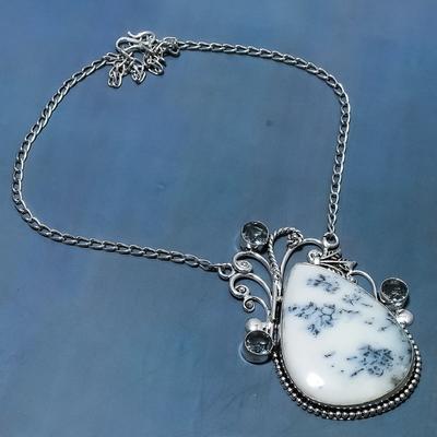 Natural Dendrite Opal, Iolite Gemstone 925 Sterling Silver Necklace 18" o0Y72