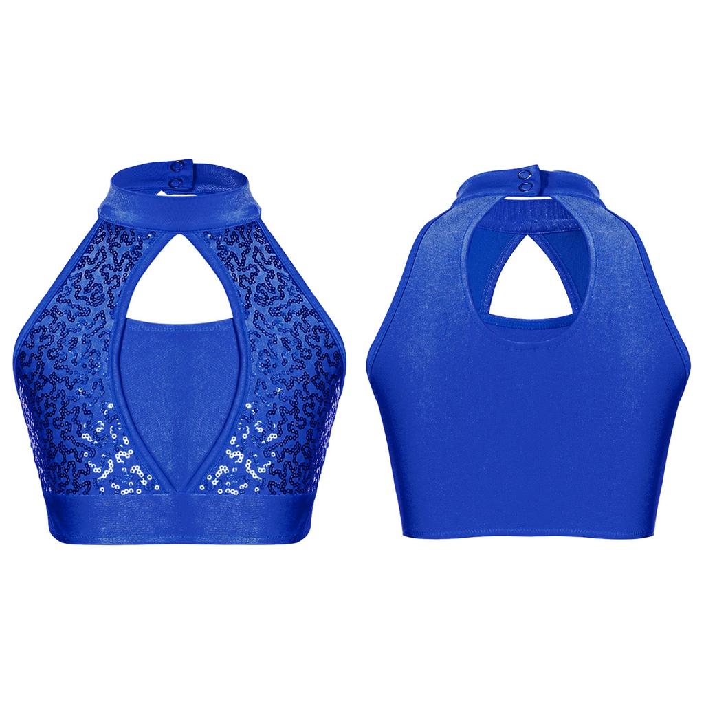 Girls Sleeveless Mock Neck Crop Top Sequin Patchwork Hollow Front Keyhole Back Dancewear