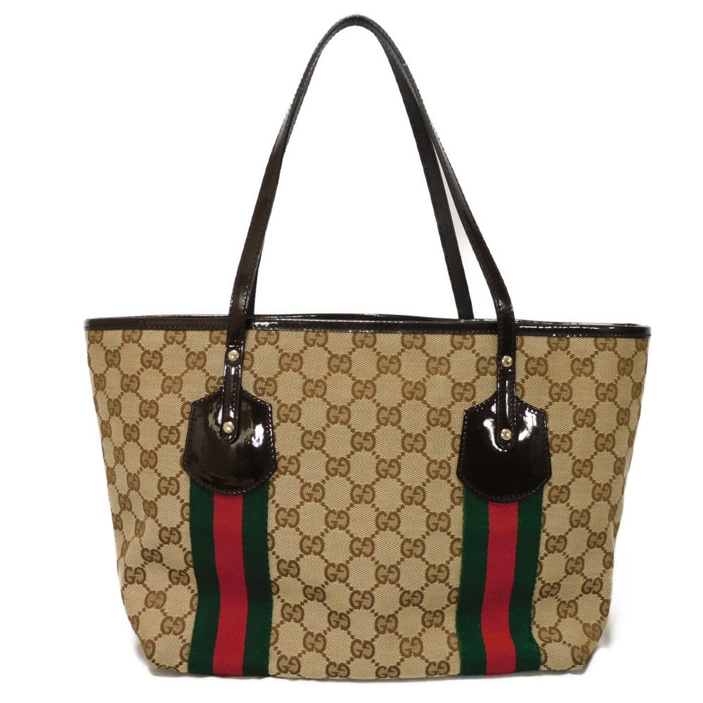 Used 9539 Web Stripe Tote 211971 7924 Patent Enamel Green Red Brown GG Canvas Beige Women's from Japan AUTHENTIC