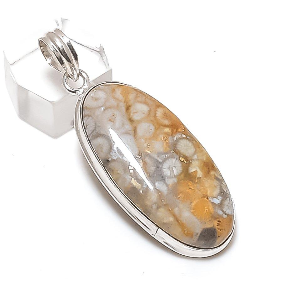 

Натуральный ископаемый коралл драгоценный камень 925 стерлинговое серебро ювелирный кулон 2.21 O0b74