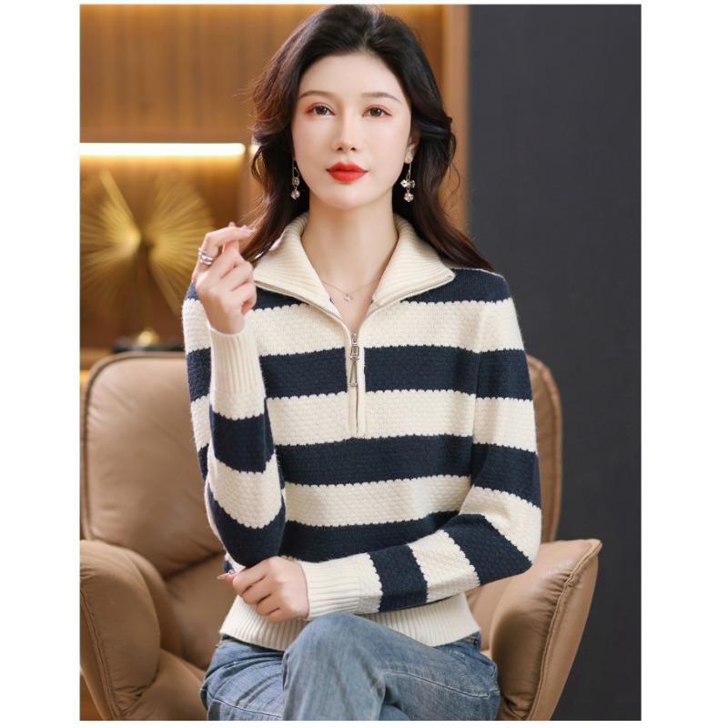 Women's Half-open Zipper-lapel Sweaters, Autumn-winter Striped Turtleneck Tops, Loose and Skinny Knits