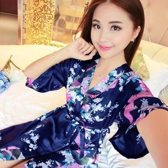 

WTEMPO женский мягкий шелковый атласный халат, платье, кимоно с цветочным принтом павлина, пижамы, кардиганы, осенние халаты средней длины S темно-синий