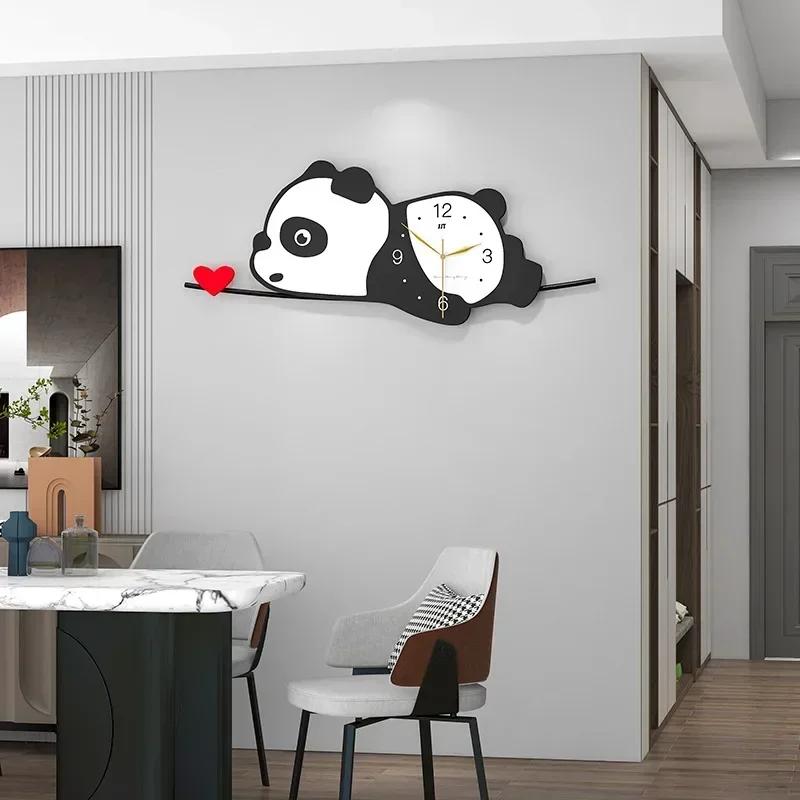 Cartoon Originality Panda Wall Clocks Digital Clock for Wall Home Living Room Decorate Loudspeaker Mute Ironwork Wall Watch