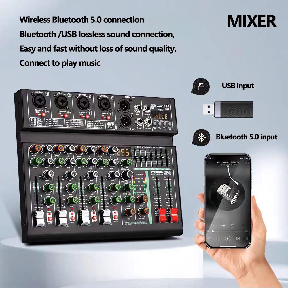 256DSP 4/6 Channel 16 Digital Reverberation Mixer Outdoor USB Sound Card Home KTV Bluetooth Audio System Professional Mixer