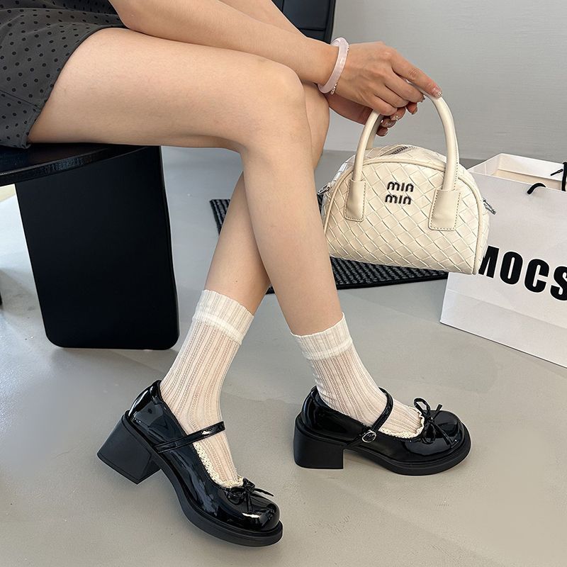 Versatile thick heel Mary Jane shoes women's summer new French round head bow British style small leather shoes women