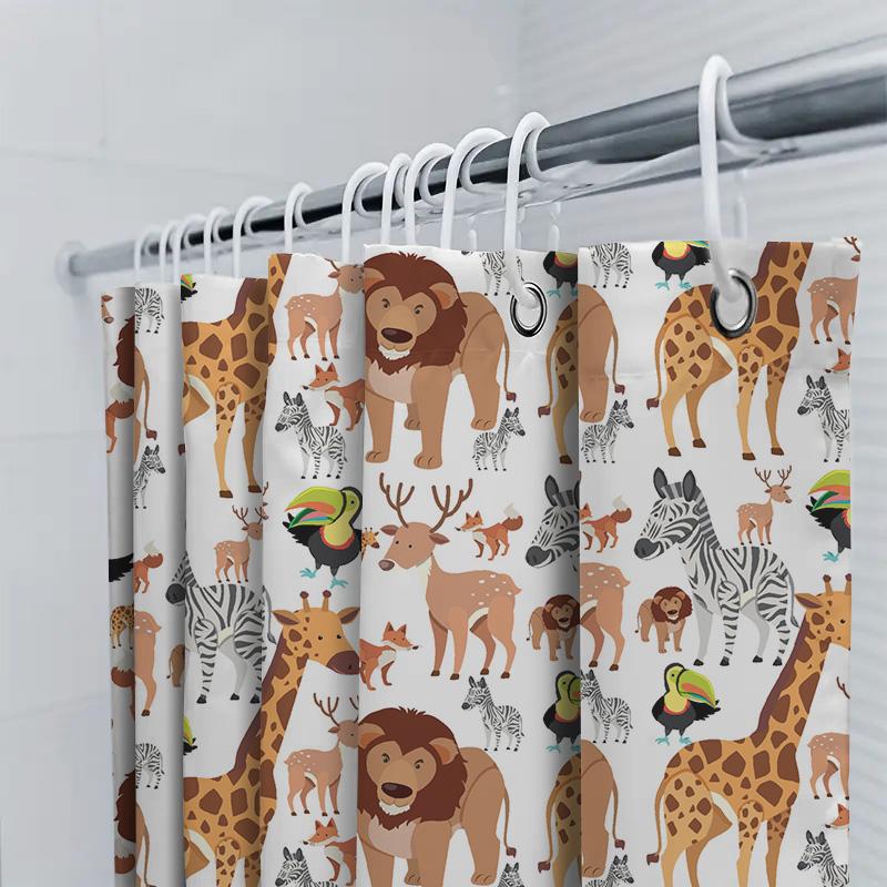 Animal Print Shower Curtain Cartoon Giraffe Lion Decorative Bath Rug With Hooks Set For Kids Bathroom Accessories Home Decoratio