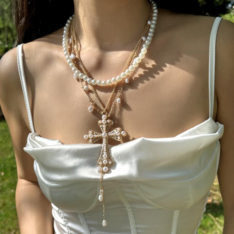 Colar Pingente Cruz Grande Estética Multicamadas Vintage Elegante Corrente Contas Pérola Imitação Mulher Choker Joia Y2K