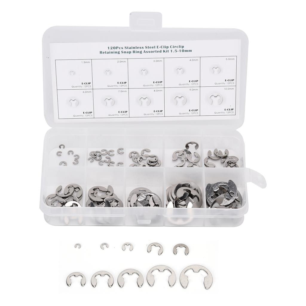 120Pcs E Clip Washer Stainless Steel External Retaining Ring Circlip Assortment Kit 1.5mm‑10mm