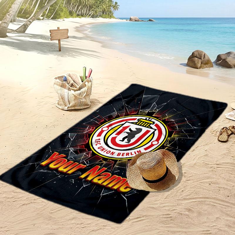 Serviette de plage personnalisée imprimée FC Union Berlin Logo de football Soutien Nom personnalisé Texte Serviette absorbante Pour le sport le voyage Cadeau spécial